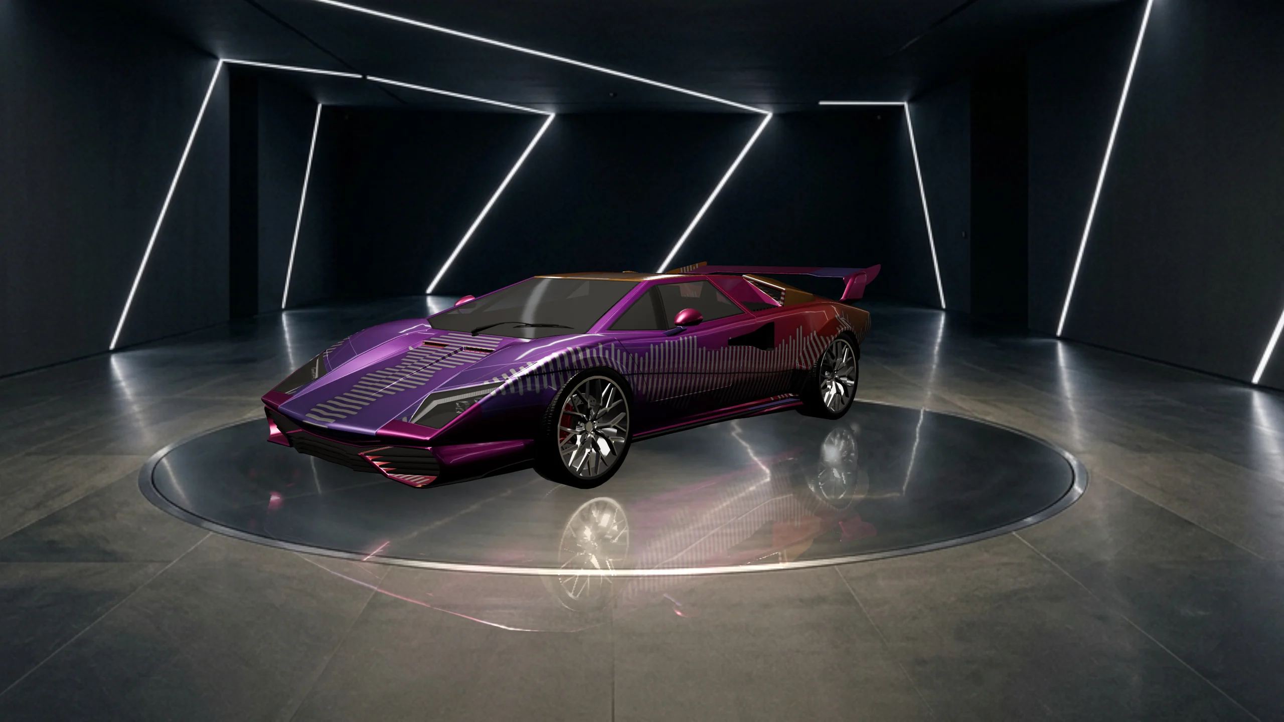 The car in the gallery wearing a generated livery: violet, with a pink and orange equaliser pattern down the side