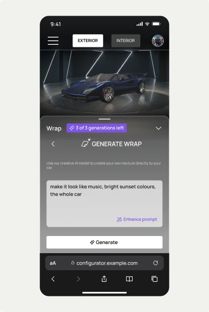 Portrait configurator with the wrap sheet open and the AI prompt