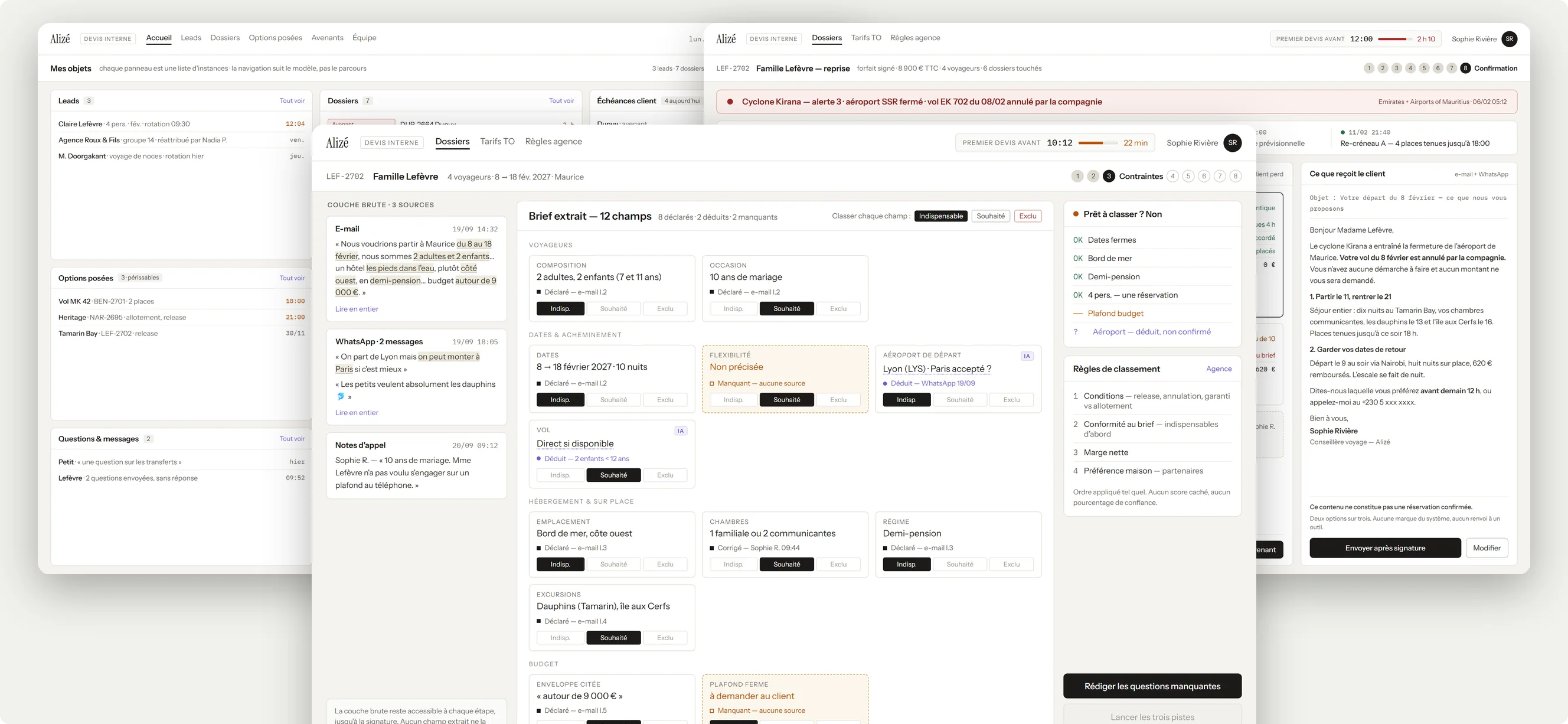 Screens explored with AI in Claude Design: a dashboard where every surface is a card, beside the wireframe of the Lefèvre file with almost no colour