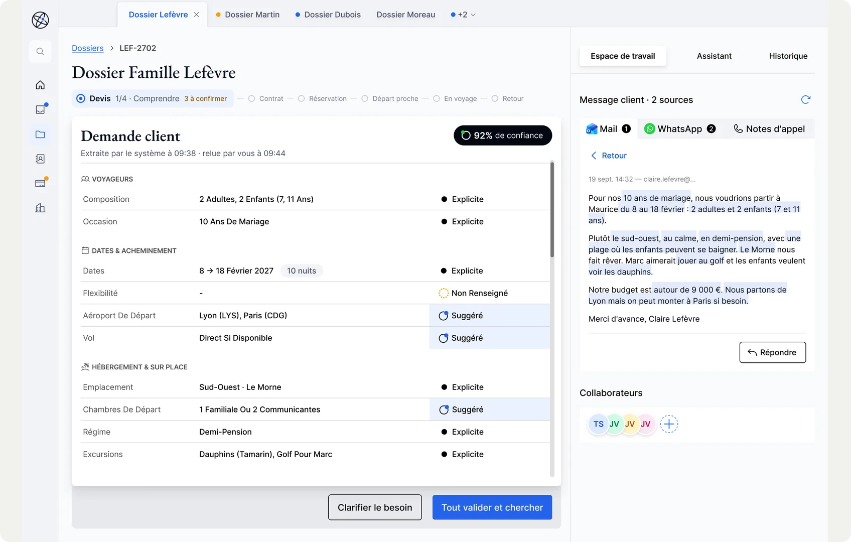 The Lefèvre file: the client request read from her email, each field marked Explicite, Suggéré or Non renseigné, with 92% confidence, and the email beside it with the words it came from highlighted.