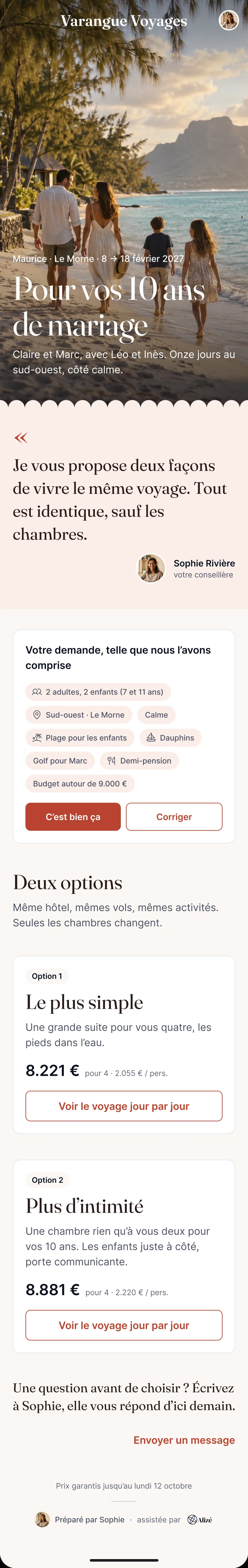 The proposal from Varangue Voyages: "Pour vos 10 ans de mariage", a letter from the adviser, then the two options