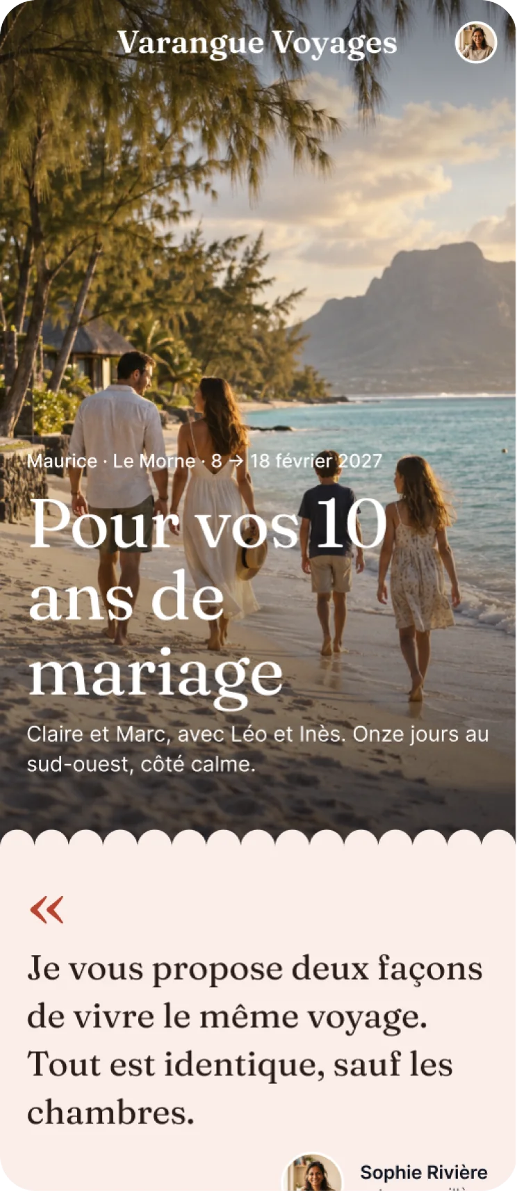The proposal cover in the Chaleureux theme, for Varangue Voyages