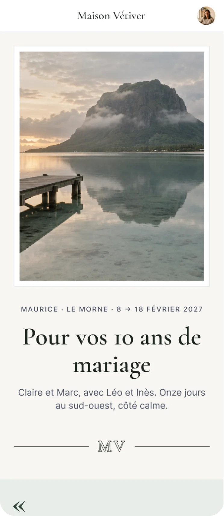 The same cover in the Épuré theme, for Maison Vétiver