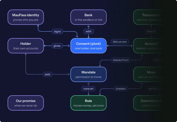 A map of how the app works: a holder gives consent, one bank at a time, which lets the app see their accounts; mandates and rules move money between their own accounts.