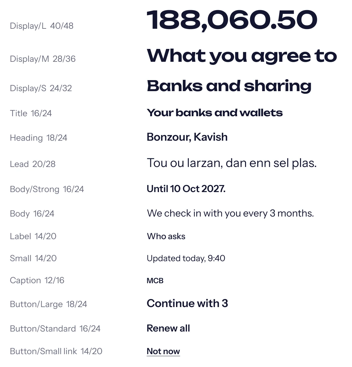 The Kass type scale at real size, Unbounded for numbers and titles, Instrument Sans for the rest: from Display/L 40/48 "188,060.50" down to the small link "Not now"