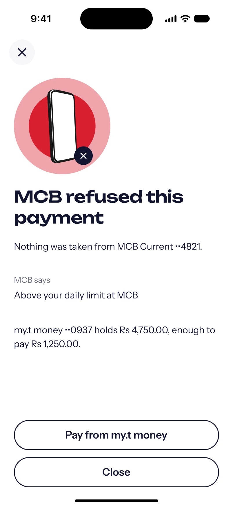 Scan and pay: MCB refused, nothing taken
