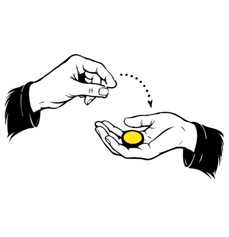 A yellow coin passing from one hand to the other