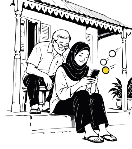 Two people on the gallery of a Creole house, one reading a phone