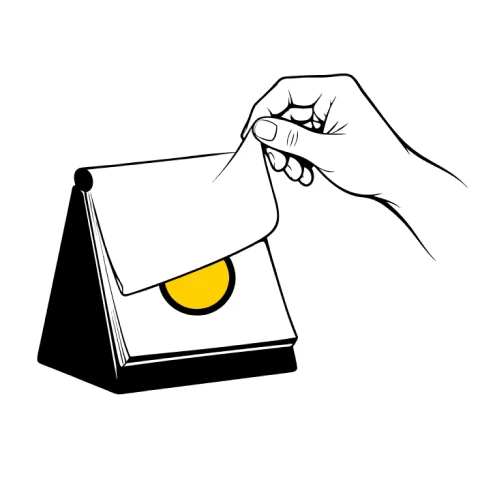 A hand lifting a calendar page, a yellow coin under it