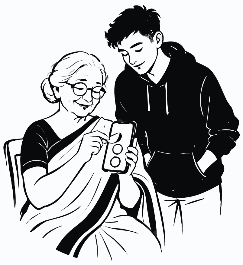 A grandmother and her grandson looking at a phone