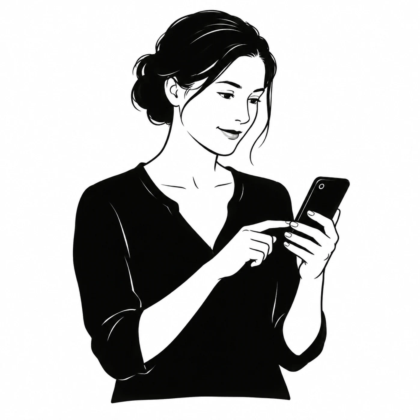 A woman reading her phone, in brush ink